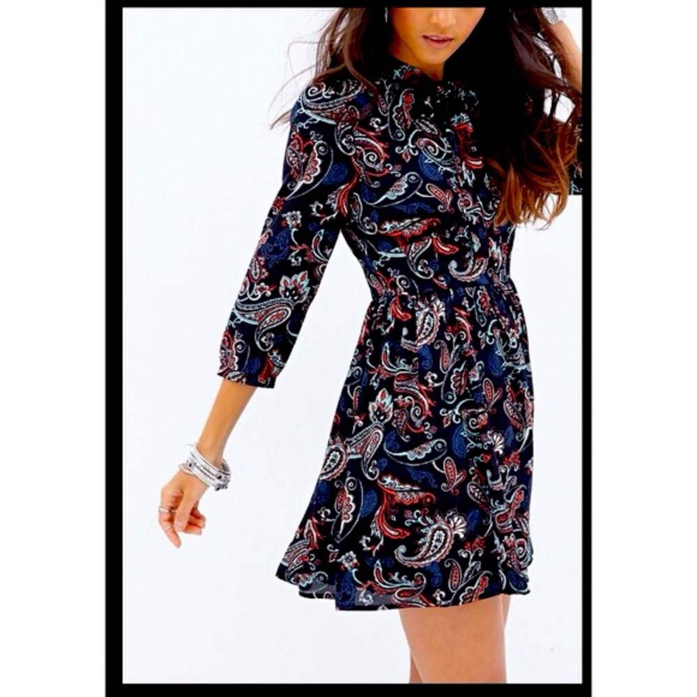 Forever 21 Size L Women Paisley Gathered Waist V-Neck Long Sleeve Midi Dress